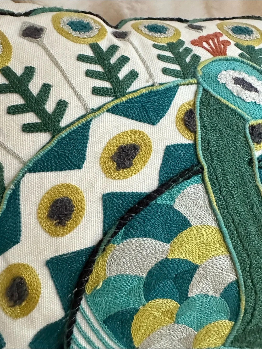 NWT Pier 1 Embroidered Peacock Throw Pillow Boho Decor Teal Green Yellow Accent